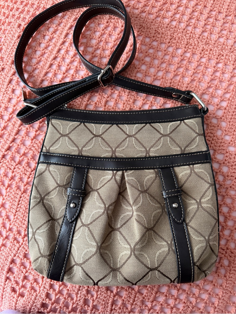 Nine West Beige Patterned Crossbody with Dark Brown Trim
